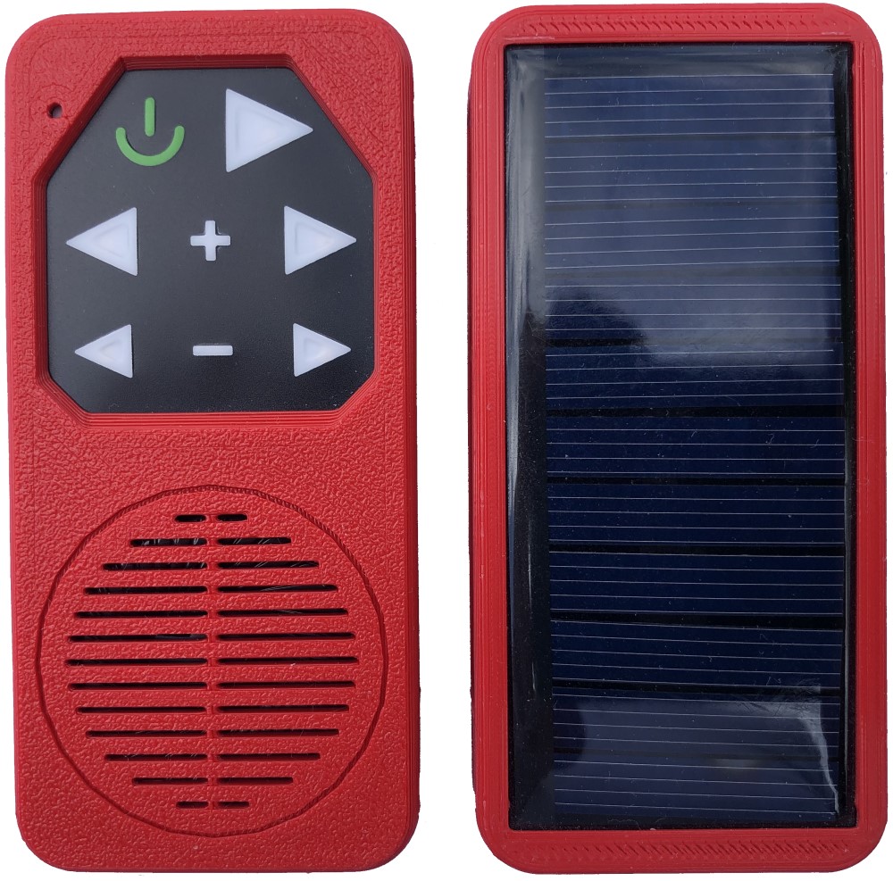 The new SeedPlayer model, showing the front with buttons and speaker, and the back with a solar panel.